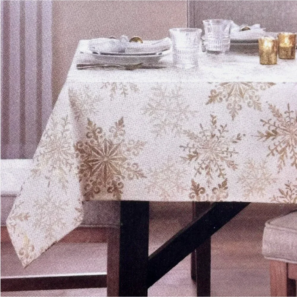 Cynthia Rowley Ornate Gold Snowflake Tablecloth 60x120 Sparkle Christmas Holiday